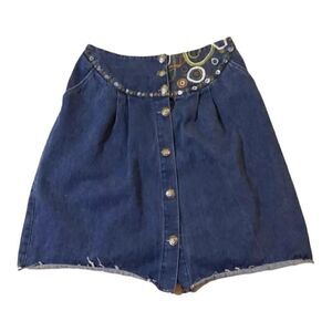 Longhorn Western Blue Denim Skirt Short Women Size M Button-Up Pockets Cut Off